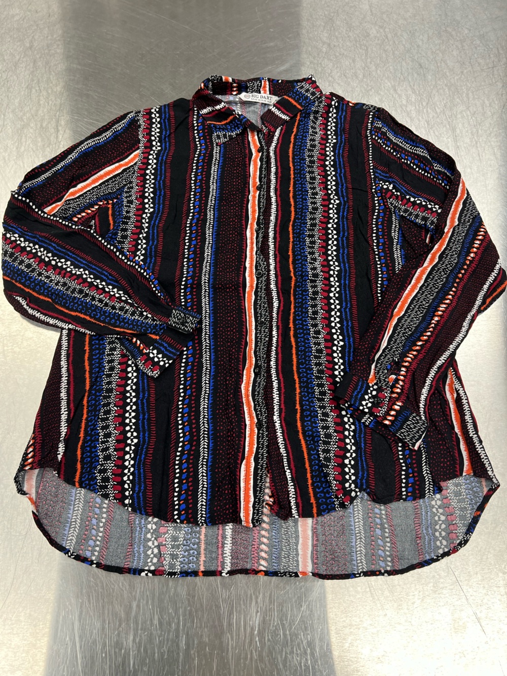 Big Dart Women’s Striped Knit Shirt - Black with Red & Blue Stripes US Large
